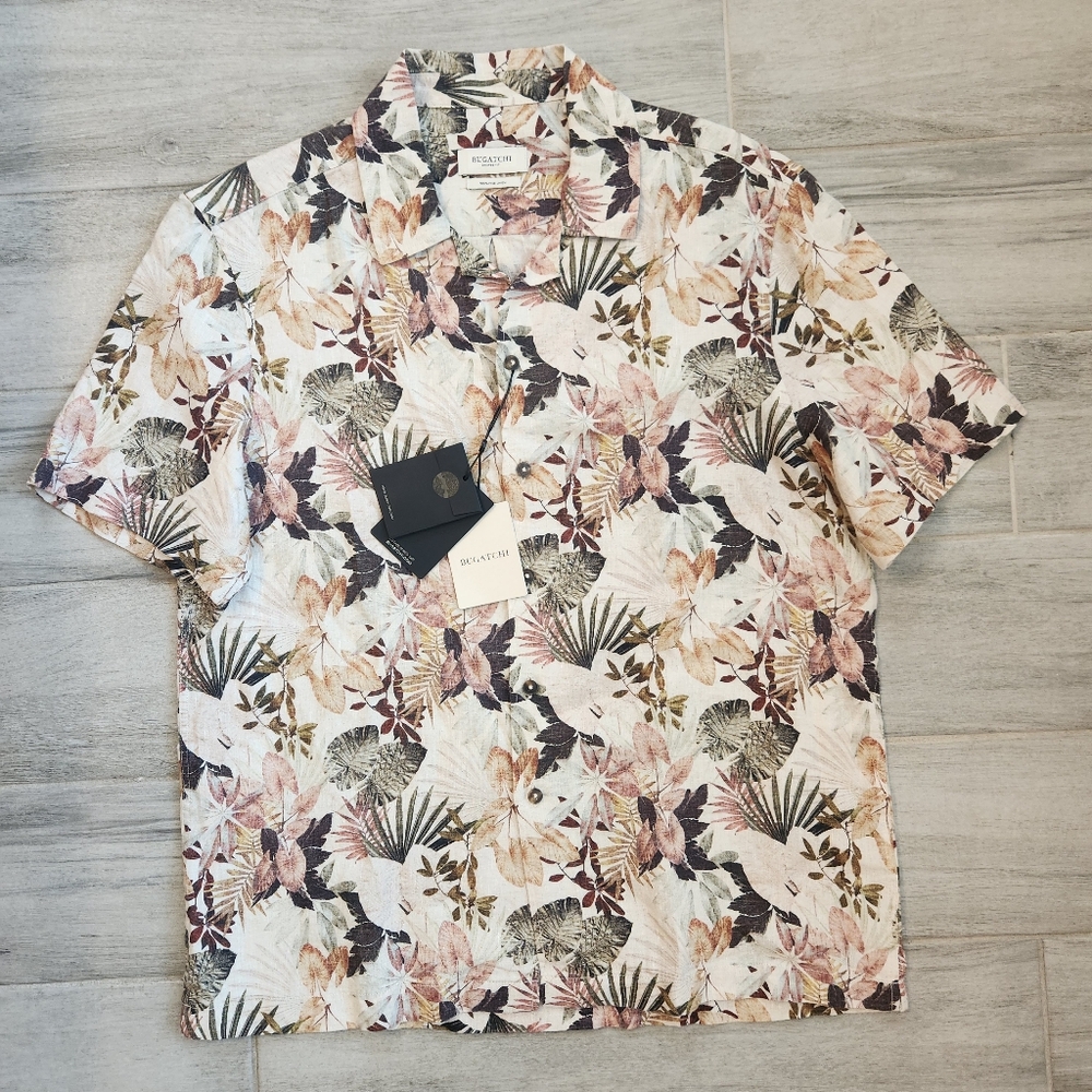 Bugatchi shirt S off white brown 100% fine linen Leaf Floral shaped fit new $185